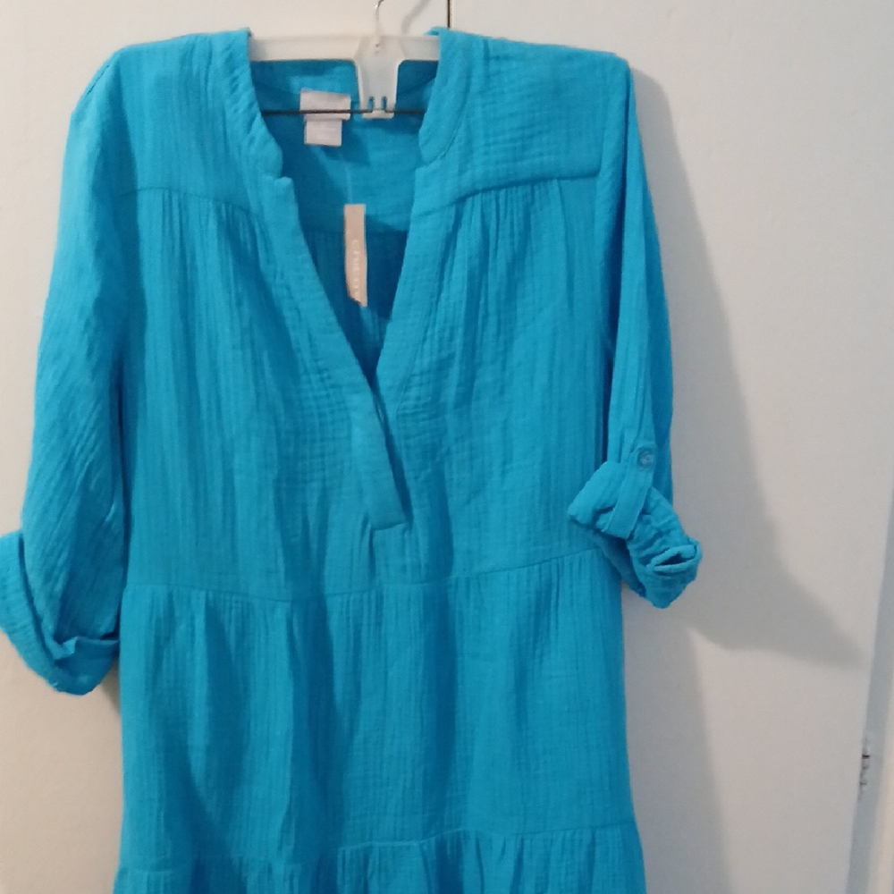 Chico's Blue Sundress with V-Neck and Cuffed 3/4 Sleeves - Picture 3 of 7